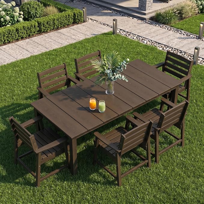 PLUUV 7-Piece Outdoor Patio Dining Set, All-Weather HDPE Dining Furniture Set with Umbrella Hole Cut-Out Table, Aluminum Table Legs, and 6 Chairs, Waterproof & Easy Clean for Backyard, Garden, Coffee
