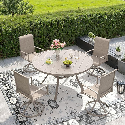 DIFY 5 Piece Outdoor Patio Dining Set for 4, 47.2" Round Metal Dining Table and Swivel Patio Chairs with Padded Textilene, All-Weather Outdoor Furniture Set for Garden Backyard Porch, Sandshell