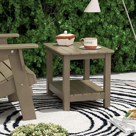 WestinTrends Tuscany Outdoor Side Table, All Weather HIPS 2 Tier Adirondack Small Patio Table with Storage, Taupe