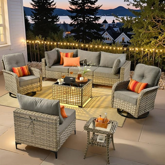 8 Pieces Wicker Patio Furniture Set,Outdoor Sectional Sofa with Swivel Chairs Coffee Table,Outside Deep Seat Rattan Couch Conversation Set,Dark Grey