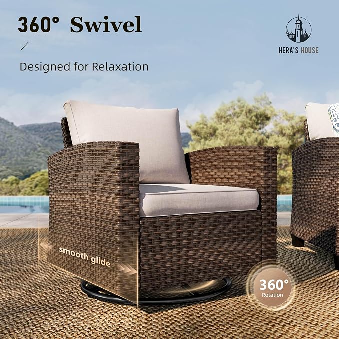 HERA'S HOUSE Swivel Glider Patio Furniture Set with Fire Pit Table, 8 Pieces Outdoor Seating Furniture Wicker Conversation Sets for Deck Backyard Lawn, Beige