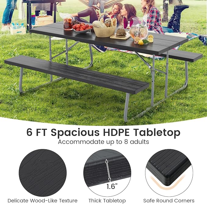 Giantex Folding Picnic Table - 6 FT Outdoor Table Bench Set for 8 Persons w/All-Weather HDPE Tabletop, Metal Leg, Umbrella Hole, Large Outside Dining Table for Patio Garden Yard Poolside (Black)