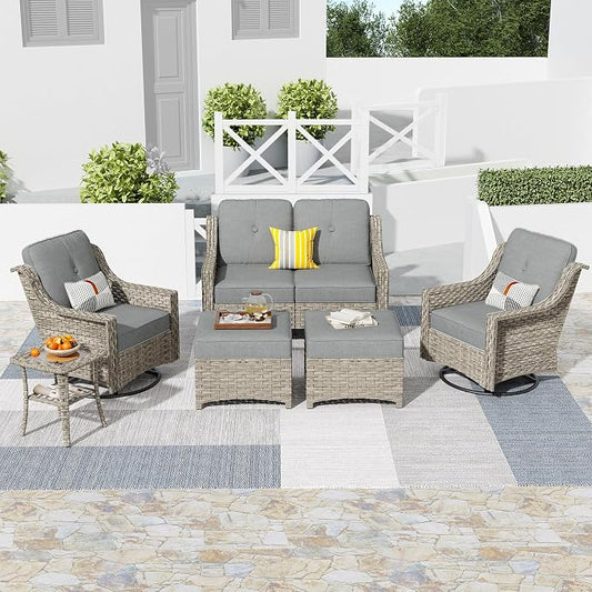 HOOOWOOO 6 Piece Patio Furniture Conversation Sets with Swivel Rocking Chairs,Outdoor Wicker Furniture with Ottoman,All Weather Resistant High Back Rattan Conversational Set(Dark Grey Gray)