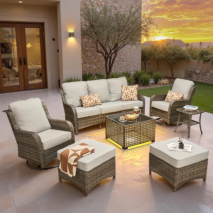 ovios 7-Piece Patio Furniture Set with Swivel Chairs Side Table, Outdoor Wicker Sofa with Comfy Cushions, High Back Couch Modern Conversation Sets, Grey/Grey