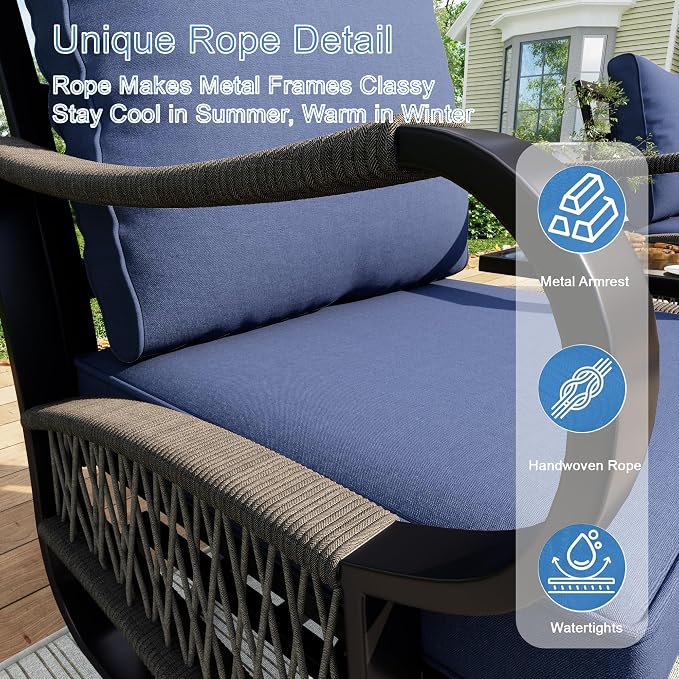 8 Pieces Modern Patio Furniture Set, All Weather Metal Outdoor Conversation Sets with Fire Pit Table for Backyard Garden Deck Porch Poolside, Blue