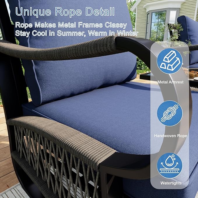12 Pieces Patio Furniture Set, Metal Outdoor Conversation Sets with Swivel Chairs, Modern Couch Sofa Seating Group with Coffee Table and Side Table (Thick Blue Cushions)