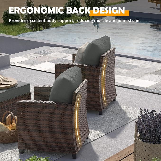 UDPATIO Outdoor Patio Furniture Set with 44" Fire Pit Table, 6 Pieces Sectional Conversation Sets, All-Weather Wicker Rattan Sofa Ottoman with 4" Thick Cushion for Garden Backyard Deck, Dark Grey