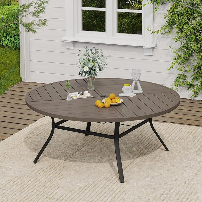 VICLLAX 63" Round Outdoor Table, Patio Dining Table for 8-10 with Umbrella Hole for Garden Lawn Deck Backyard, Antique Grey