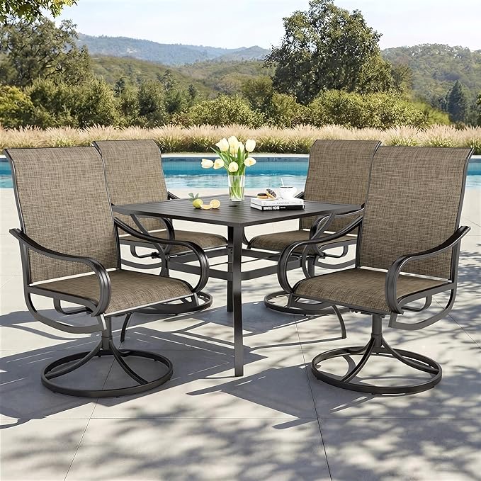 PHI VILLA 5 Pcs Patio Dining Set for 4, Swivel Mesh Chairs, Brown | 4 textilene dining chairs. 37" metal square table with umbrella hole, all weather E-coated metal frame for outdoor deck lawn