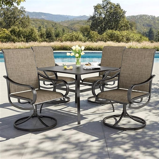 PHI VILLA 5 Pcs Patio Dining Set for 4, Swivel Mesh Chairs, Brown | 4 textilene dining chairs. 37" metal square table with umbrella hole, all weather E-coated metal frame for outdoor deck lawn