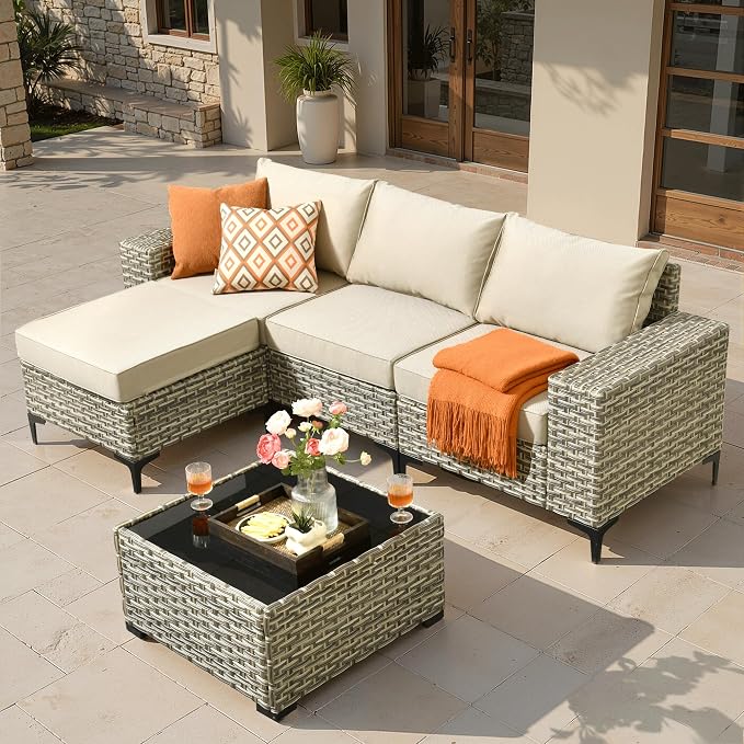 ovios 5-Piece Patio Furniture Set with L-Shape Sofa Chaise, Outdoor Sectional Couch Coffee Table, Modern Modular Wicker Rattan Conversation Set, Beige