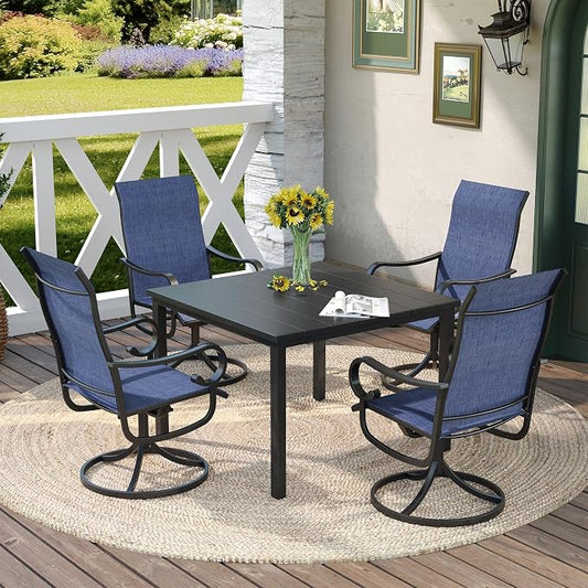 DIFY 5 Pieces Patio Dining Set, 40.2" Black Square Dining Table with Umbrella Hole and 4 Blue Swivel Patio Chairs, All Weather Metal Outdoor Dining Furniture Set for Lawn Garden Balcony