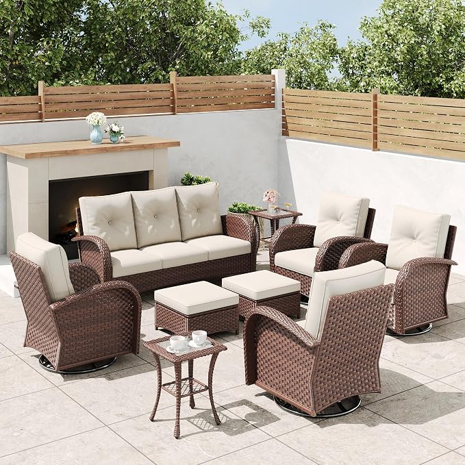 9 Pieces Outdoor Wicker Patio Swivel Rocking Chairs, All Weather Wicker Conversation Set with Side Table