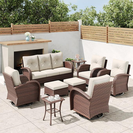 9 Pieces Outdoor Wicker Patio Swivel Rocking Chairs, All Weather Wicker Conversation Set with Side Table