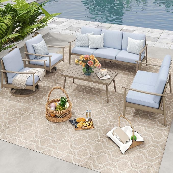 HAPPATIO Outdoor Furniture Set - 5 Piece Aluminum Patio Conversation Set with 1 Coffee Table, 2 Swivel Chairs, Loveseat and 3-Seat Sofa, Aluminum Patio Furniture Set for Backyard Deck Poolside (Brown)