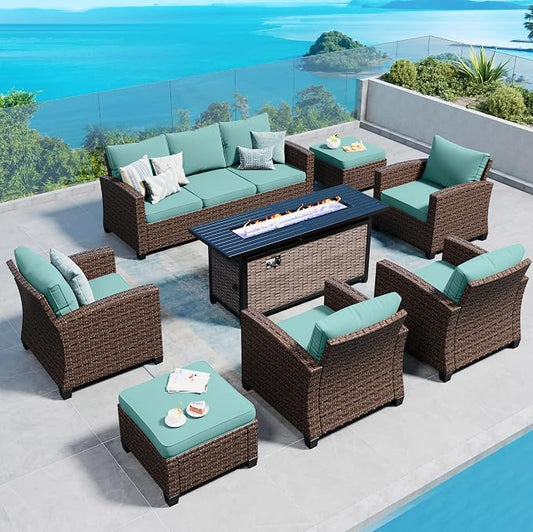 SUNSHINE VALLEY Patio Furniture Set Outdoor Furniture Brown Wicker Rattan Patio Conversation Sets with Cushion Outside Sofa Set,7 Pieces with Rectangular Firepit Table,9 Seats,Blue