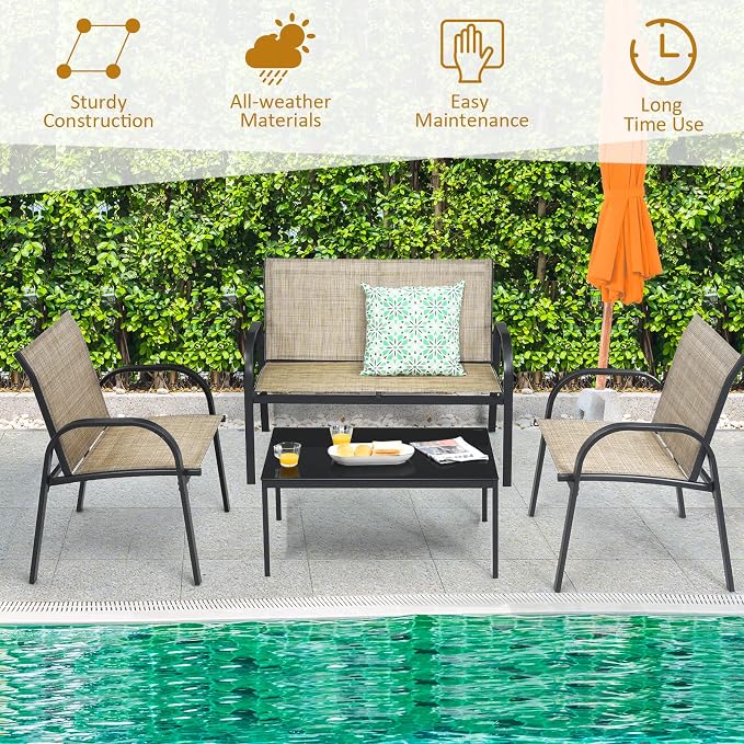DORTALA 4 Piece Outdoor Furniture Set, Patio Conversation Set with Loveseat, 2 Single Chairs, Patio Sofa Garden Sofa Set with Steel Frame, Ideal for Balcony,Poolside, Brown