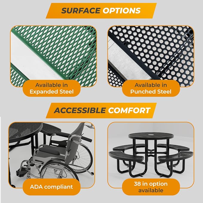 Metal Picnic Tables for Outdoors with Umbrella Hole - Coated Steel Heavy Duty Commercial Grade Furniture Set with Adjustable Seats (Black, 46 in, Round, Punched Steel)