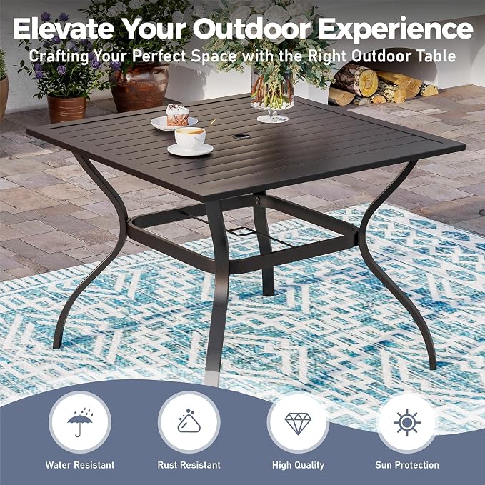 SUNSHINE VALLEY 5 Piece Patio Dining Set for 4, 37”x37” Square Table with Umbrella Hole, 4 Metal Red Chairs, Outdoor Table and Chairs Set for Lawn Backyard and Deck