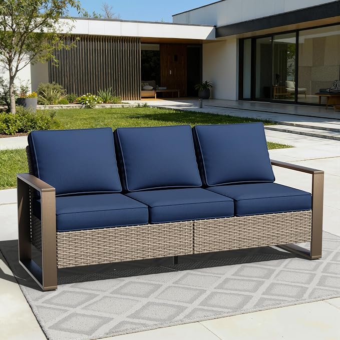 75" Patio Metal Wicker Sofa, All Weather Outdoor Rattan 3-Seat Sofa Couch with Premium Cushions & Rectangular Framed Wood-Looking Metal Armrest for Garden Backyard Porch Deck, Dark Blue