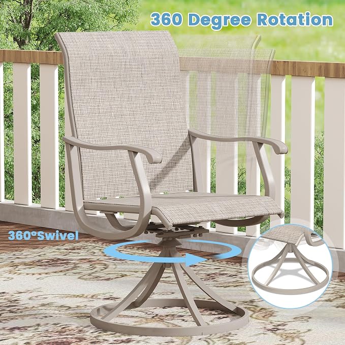 DIFY Patio Table and Chairs Set for 8, 9 Piece Outdoor Dining Set, 59.8" Grey Wood-Like Round Metal Dining Table with Umbrella Hole and 8 Sandshell Textilene Swivel Patio Chairs, for Garden Backyard