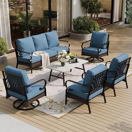SUNSHINE VALLEY 6 Piece Metal Outdoor Patio Furniture Set, Patio Conversation Set with Swivel Chair and 5.75" Thick Cushion & Coffee Tabl, Outdoor Seating Black Frame Backyard Furniture, Denim Blue