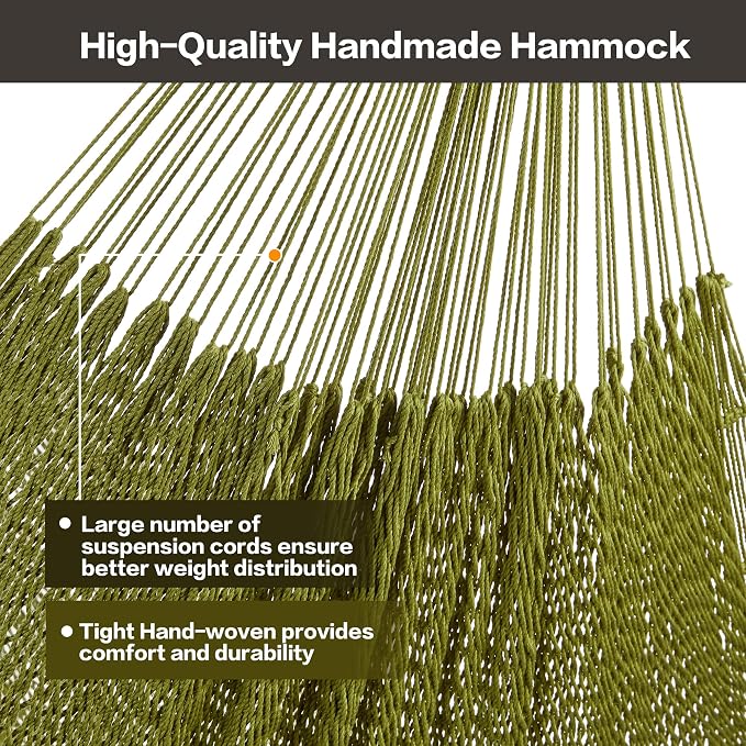 CHULIM Handwoven Mayan Hammock with 10ft Tree Straps, 550lbs Capacity Soft Rope Double Hammock, Portable Outdoor Hammock with Carry Bag for Camping Backyard Beach - Green