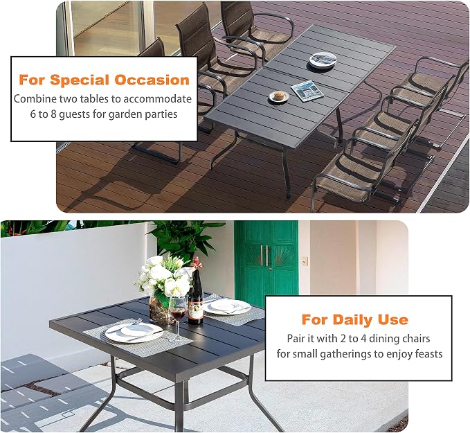 NUU GARDEN Outdoor Patio Dining Table, 4-Person Steel Slat Square Table, Modern Black Backyard Bistro Table with Umbrella Hole