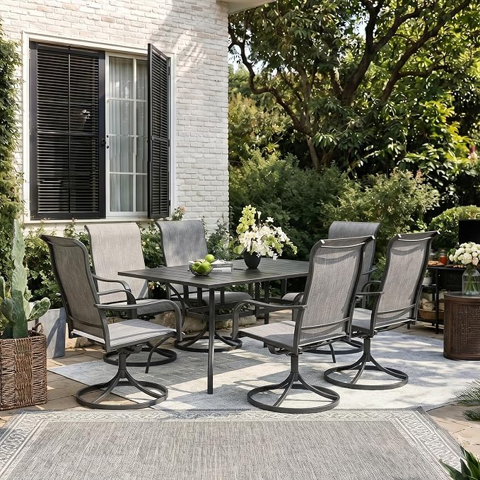 Anmutig 7-Piece Outdoor Dining Set, 63"x38" Patio Table with Dual Umbrella Holes & 6 Swivel Textilene Chairs, Weather-Resistant Furniture for Backyard, Deck, Garden, Grey