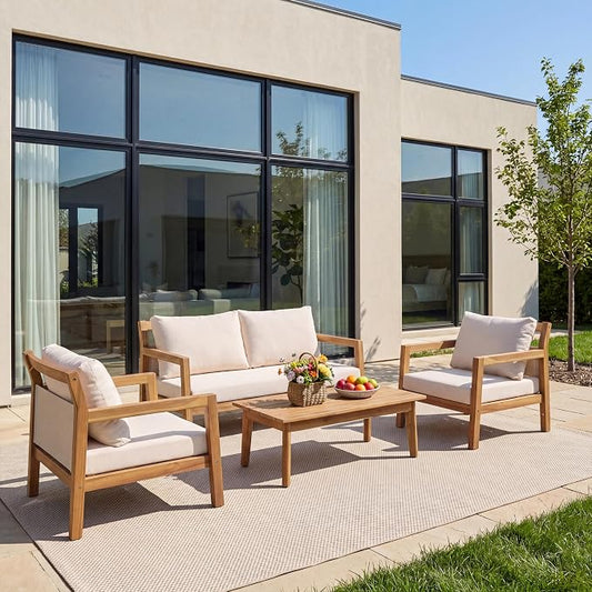 Christopher Knight Home Pablo 4-Seater Patio Furniture Set with Removable Cushion, 4 Piece Outdoor Acacia Wood Conversation Set, Wooden Outdoor Sectional Sofa Set with Coffee Table,Light Teak+Beige