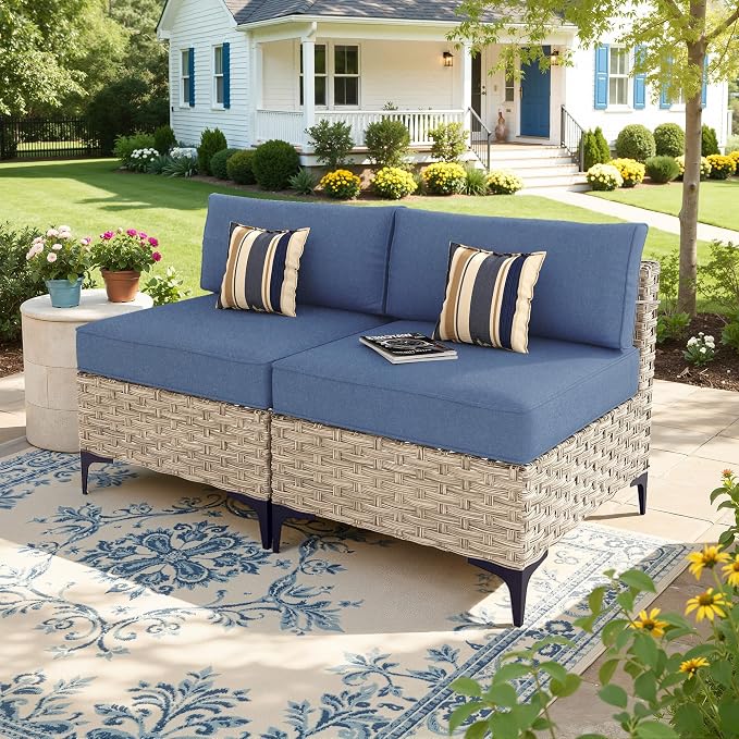 2 Pieces Patio Sectional Furniture Set, Outdoor Wicker Sectional Couch Middle Seats, Modern Conversation Set for Porch Balcony Backyard, Denim Blue