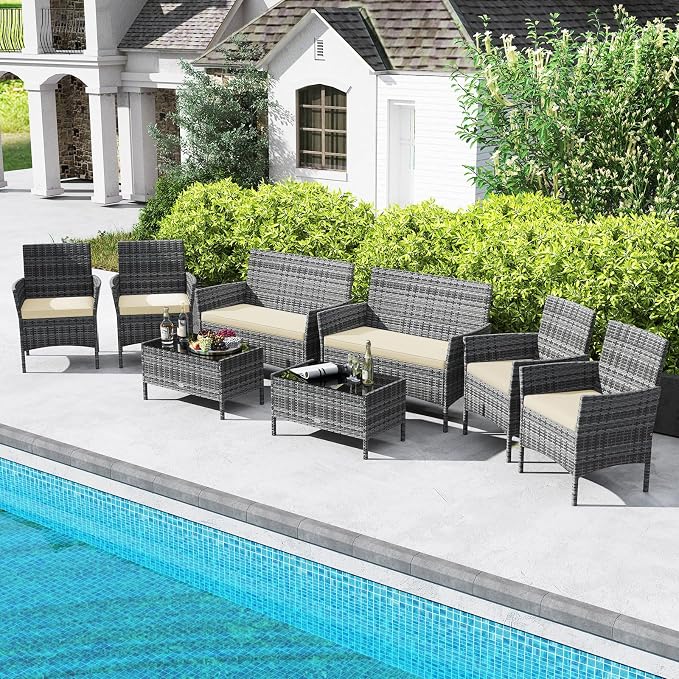 Tangkula 4 Pieces Patio Rattan Conversation Set, Outdoor Wicker Furniture Set with Cushioned Chair, Loveseat & Tempered Glass Table, Outside Sectional Sofa Set for Backyard (G-Beige,1)