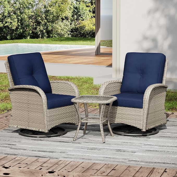 Joyside Outdoor Swivel Rocker Chairs, 3 Piece Wicker Patio Set with Thickened Cushions, High Back, Deep Seating, Wide Armrest, Outdoor Swivel Chairs for Porch, Deck