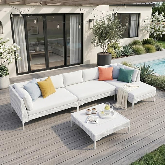 Luxury Patio Furniture Set 6 Seater Large Modular L-Shaped Outdoor Sectional with Thick Cushion & Deep Seat Oversized White Wicker Patio Conversation Sets for Backyard, Deck