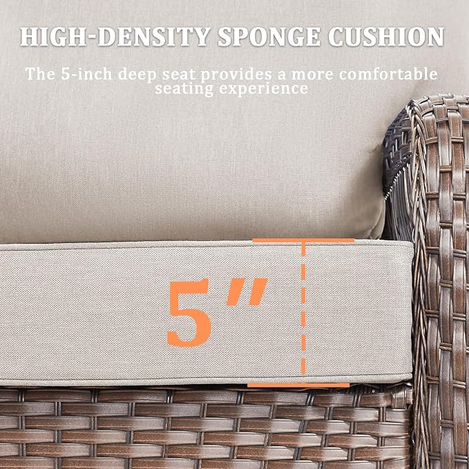 Patio Furniture Set, All Weather 3 PCS Wicker Outdoor Small Sectional Set, 5" Thick Rattan Conversation Set with 3-seat Sofa and Ottoman for Lawn, Garden, Beige/Brown Wicker