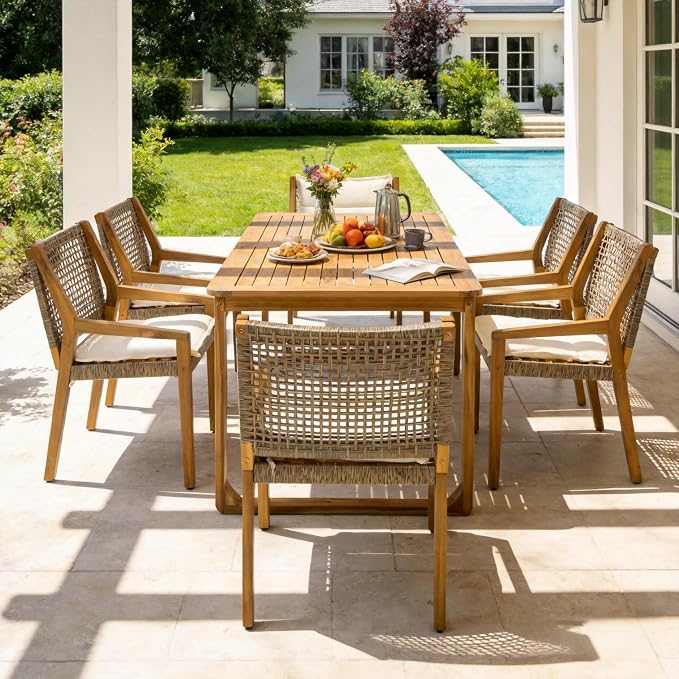 Christopher Knight Home Samma Acacia Wood Outdoor Dining Set for 6, Patio Dining Table Set for 6, Outdoor Dining Table and Sled Base, Dining Chairs with Cushion + Wicker Backrest, Teak+Brown+Cream