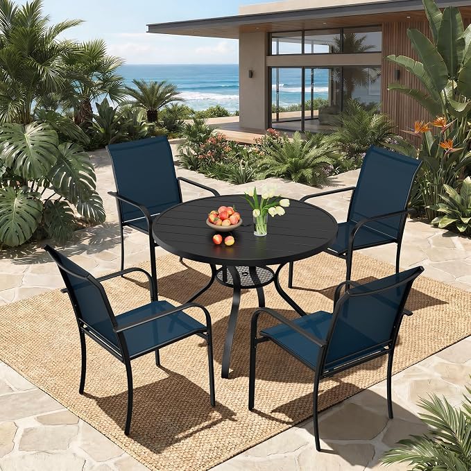 Incbruce 5 PCS Patio Dining Set, Outdoor Dining Set of 4 Textilene Chairs and 41" Round Table with Umbrella Hole for Backyard, Garden, and Poolside (Blue)