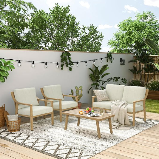 HAPPATIO 4-Piece Patio Furniture Set - Outdoor Aluminum Patio Conversation Set Includes 1 Loveseat, 2 Armchairs, and 1 Coffee Table, Perfect for Porch, Deck, Garden, (Beige)