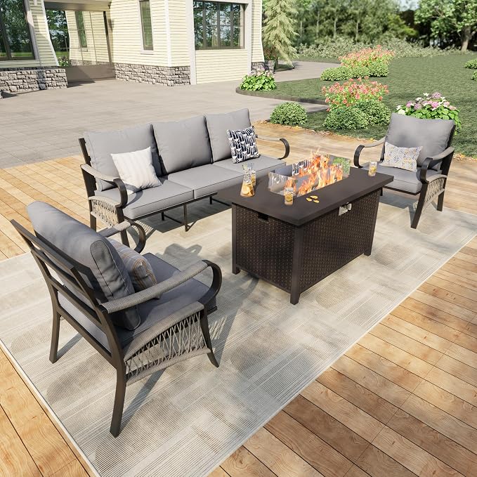 4 Pieces Patio Furniture Set, Metal Outdoor Conversation Sets with Fire Pit Table for Backyard Garden Deck Porch Poolside (Thick Gray Cushions)