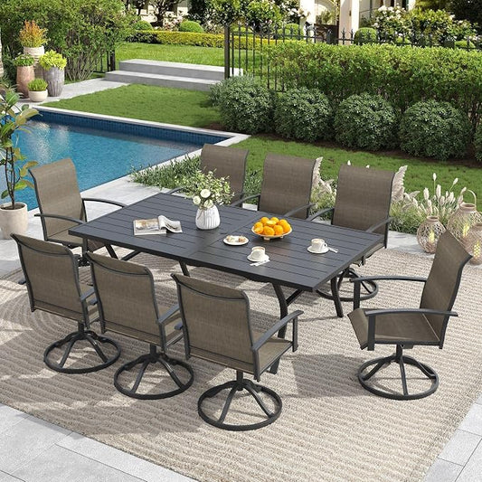 9 Pieces Outdoor Patio Dining Set, 70.9" All Weather Rectangle Metal Table with Umbrella Hole and 8 High Back Textilene Swivel Chairs for Garden, Lawn, Poolside, Black Table&Brown Chairs