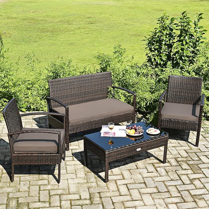 Tangkula 4-PCS Wicker Patio Conversation Furniture Set, Outdoor Rattan Chair and Table Set, Patio Furniture Sets with Coffee Table & Washable Cushions for Courtyard Balcony Garden (1, Brown)