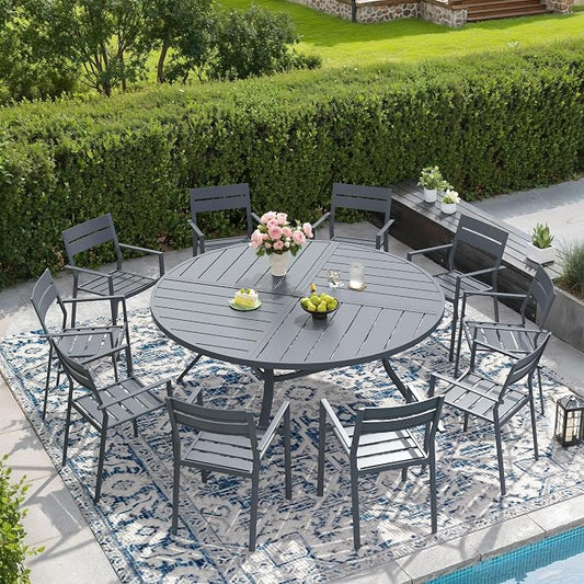DIFY 11 Piece Outdoor Patio Dining Set for 10, 59.8" Round Dining Table with Umbrella Hole and Stackable Metal Chairs, Patio Table and Chairs Set for Backyard Garden Poolside, Grey