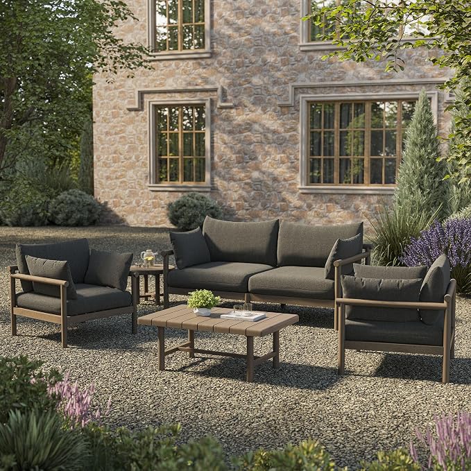 Modway Eleni 5-Piece Outdoor Teak Wood Patio Furniture Set in Weathered Gray Flint – Backyard Conversation Set with Loveseat, 2 Armchairs, Side Table, and Coffee Table