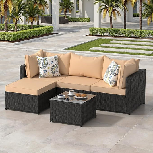 Patio Furniture Set, 5PCS Patio Sectional with Ottoman Wicker Rattan Outdoor Furniture with Thickened Cushion Modular Wicker Patio Conversation Set with Glass Top Table for Balcony, Backyard(Khaki)