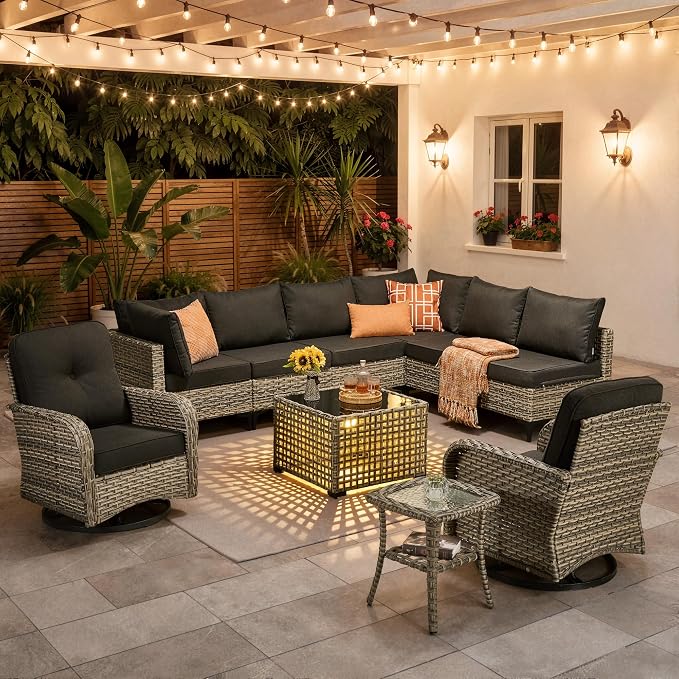 10 Pieces Patio Furniture Set, Outdoor Conversation Set with 360° Swivel Rocker Chairs, Wicker Modular Sectional Sofa & Solar Coffee Table, High Back Outdoor Furniture L Shaped Couch for Porch, Black