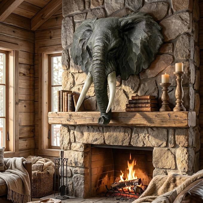 Elephant Head Wall Decor, 16 Inch | Large Resin, Faux Taxidermy Animal Mount Sculpture, Lifelike 3D Wildlife Statue, Safari Themed Rustic Cabin