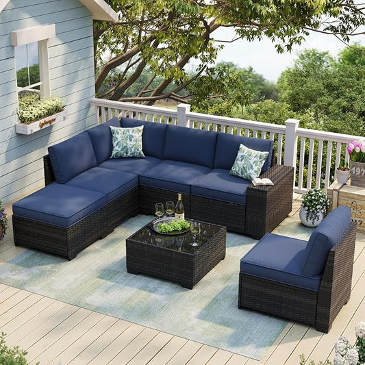 JOYURE 7 Pieces Patio Furniture Set, Outdoor Sofa with Waterproof Cushions, Rattan L Shaped Patio Couch & Coffee Table, Modern Outdoor Furniture for Backyard, Deck, Balcony – Navy