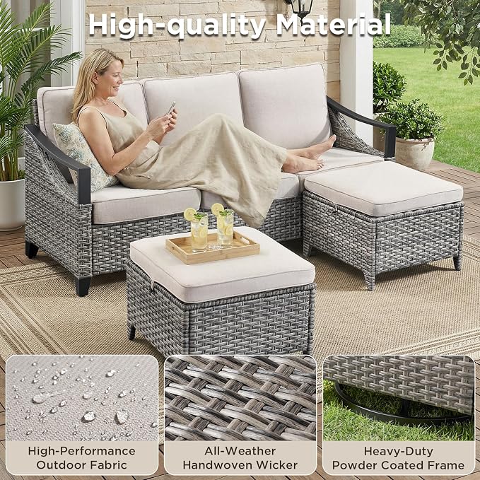 14 Piece Outdoor Patio Furniture Sets-High Back Wicker Swivel Rocker Patio Chairs Set of 4 with Thick Cushions Ottomans, Outdoor Sofa, Patio Conversation Sets for Porch Balcony Patio Deck Grey/Beige