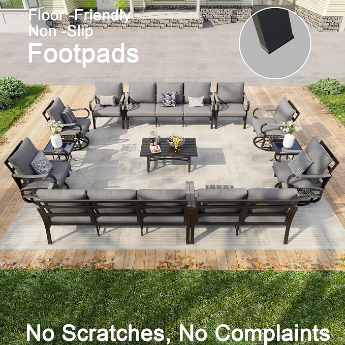 12 Pieces Patio Furniture Set, Metal Outdoor Conversation Sets with Swivel Chairs, Modern Couch Sofa Seating Group with Coffee Table and Side Table (Thick Gray Cushions)