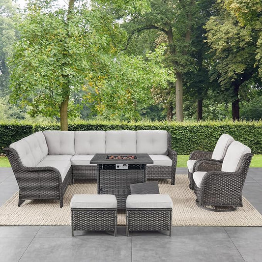 Belord Patio Furniture Set with Fire Pit Table,8 Piece Wicker Outdoor Furniture Set, Swivel Rocker Chairs with Ottomans and Sectional Couch, All Weather Patio Conversation Set, Gray Wicker/Beige